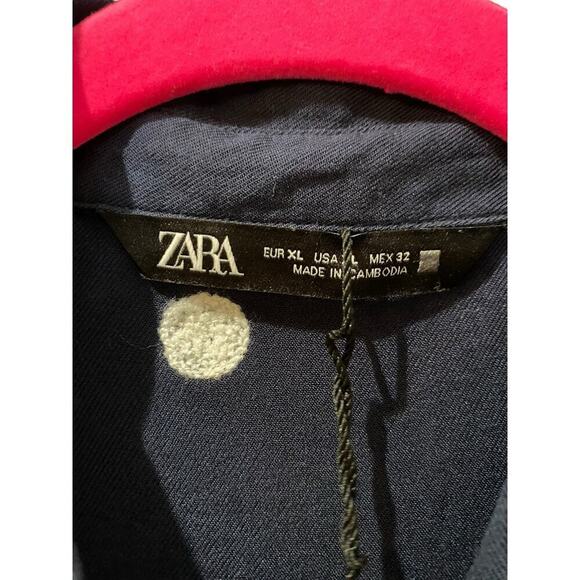 Zara Navy Blue Puff Polka Dot Long Sleeve Button Down Blouse Top Size XL - Picture 2 of 4
